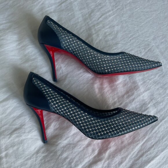 SOLD NEW Christian Louboutin Apostropha 80 mm Pumps, Navy Blue Mesh Strass - Picture 6 of 8